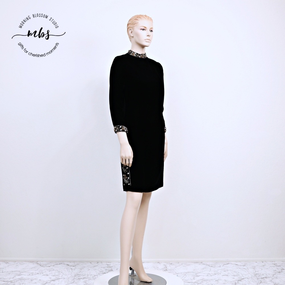 Vintage 90s Beaded Velvet Mock Neck Evening Mini Dress Black Women M